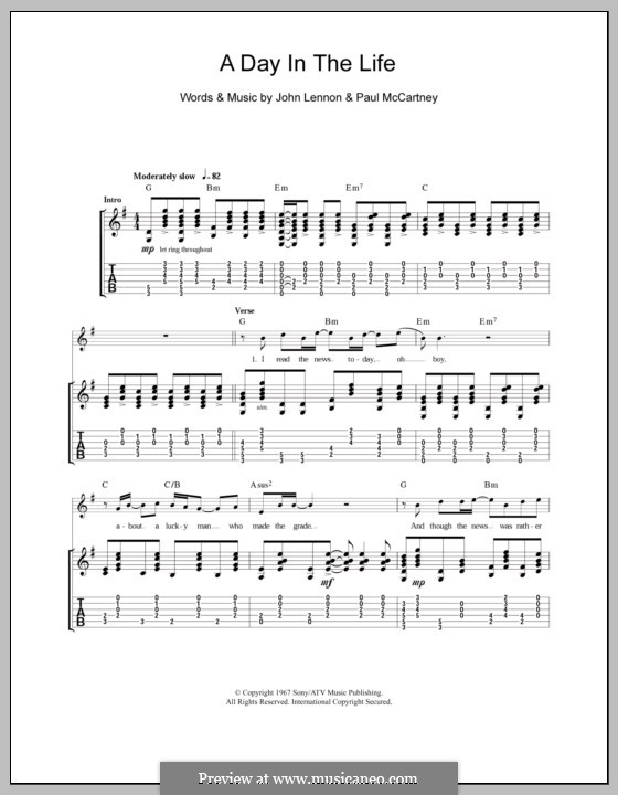 A Day in the Life (The Beatles): For guitar with tab by John Lennon, Paul McCartney