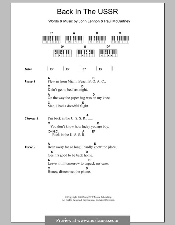 Back in the USSR (The Beatles): Lyrics and piano chords by John Lennon, Paul McCartney