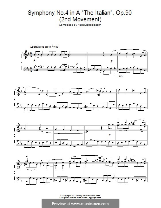 Symphony No.4 in A Major 'Italian', Op.90: Movement II (Fragment), for piano by Felix Mendelssohn-Bartholdy