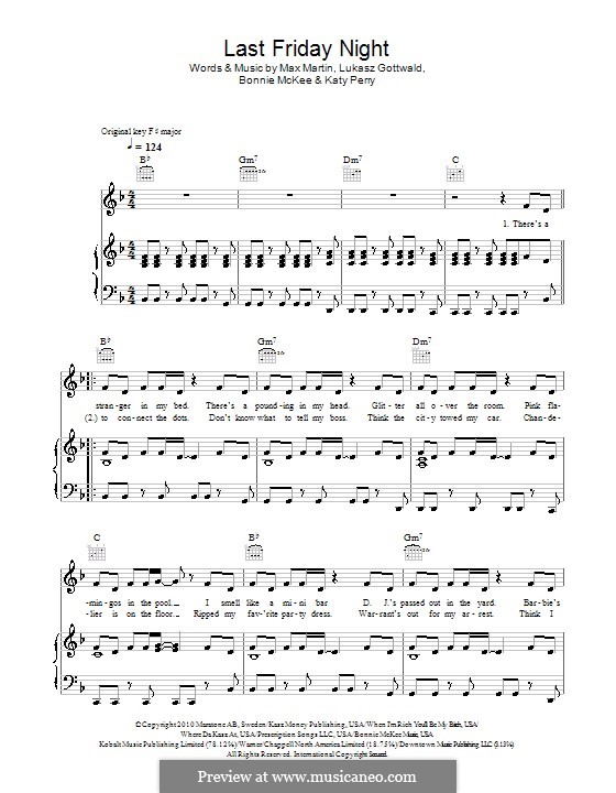Last Friday Night (T.G.I.F.): For voice and piano (or guitar) by Bonnie McKee, Katy Perry, Lukas Gottwald, Max Martin