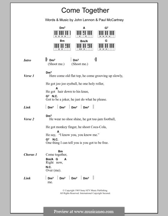 Come Together (The Beatles): Lyrics and piano chords by John Lennon, Paul McCartney