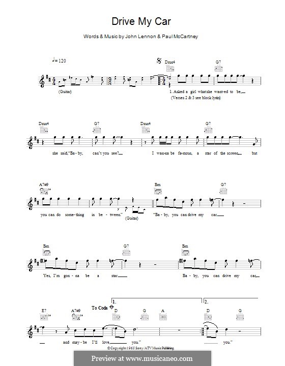 Drive My Car (The Beatles): Melody line, lyrics and chords by John Lennon, Paul McCartney