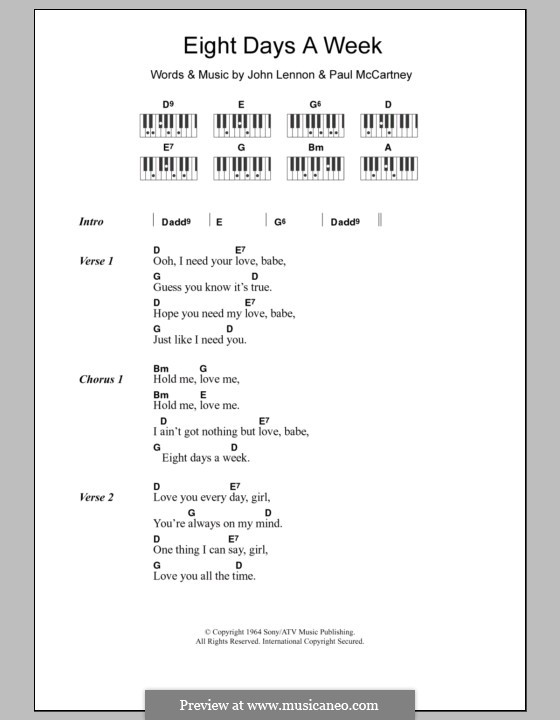 Eight Days a Week (The Beatles): Lyrics and piano chords by John Lennon, Paul McCartney