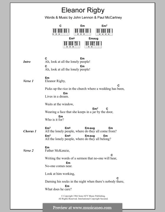 Piano-vocal version (Eleanor Rigby (The Beatles)) by J. Lennon, P.  McCartney on MusicaNeo
