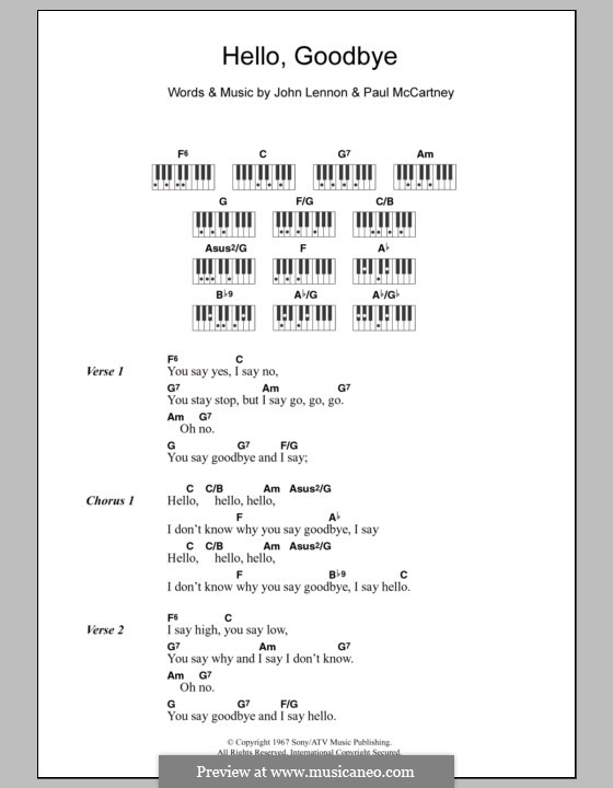 Hello, Goodbye (The Beatles): Lyrics and piano chords by John Lennon, Paul McCartney