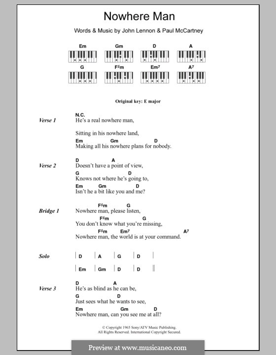 Nowhere Man (The Beatles): Lyrics and piano chords by John Lennon, Paul McCartney