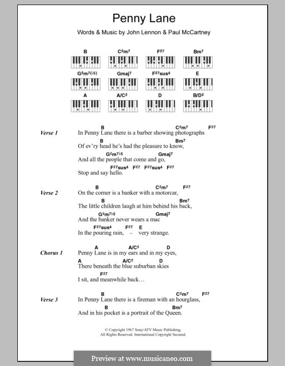 Penny Lane (The Beatles): Lyrics and piano chords by John Lennon, Paul McCartney