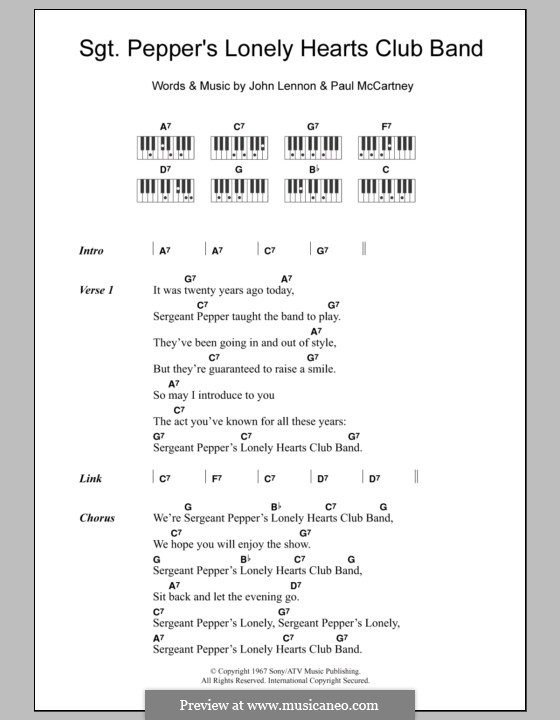 Sgt. Pepper's Lonely Hearts Club Band (The Beatles): Lyrics and piano chords by John Lennon, Paul McCartney