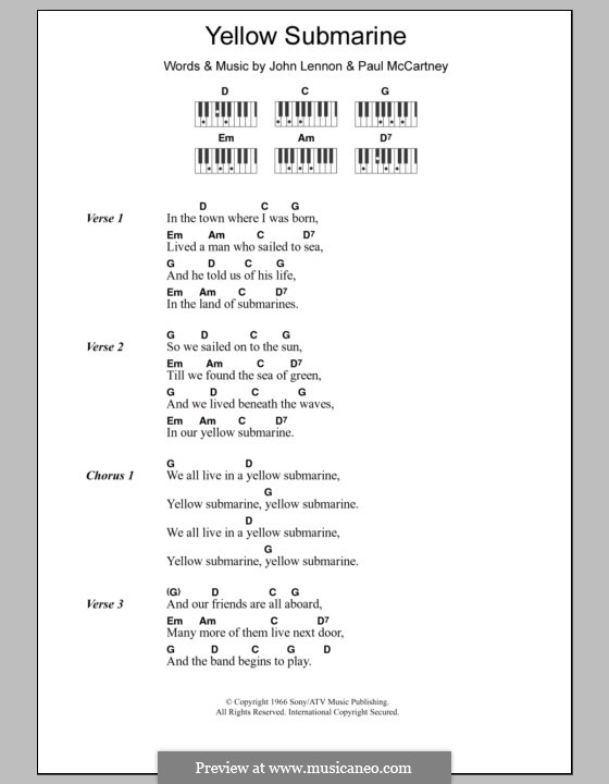 Yellow Submarine (The Beatles): Lyrics and piano chords by John Lennon, Paul McCartney