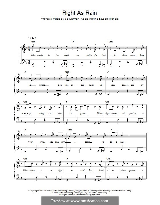 Right as Rain: For easy piano by Adele, Jeffrey Silverman, Leon Michels