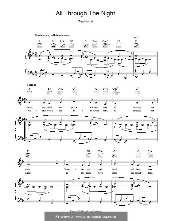 All Through the Night (Printable scores): For voice and piano or guitar (F Major) by folklore