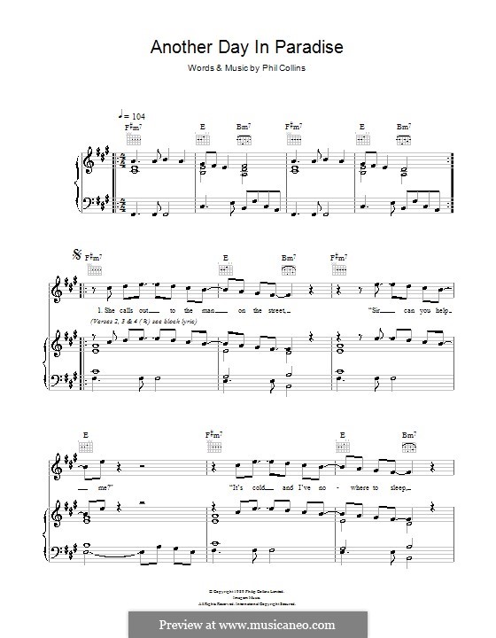 Phil Collins Another Day In Paradise Sheet Music in F# Minor  (transposable) - Download & Print - SKU: MN0065478