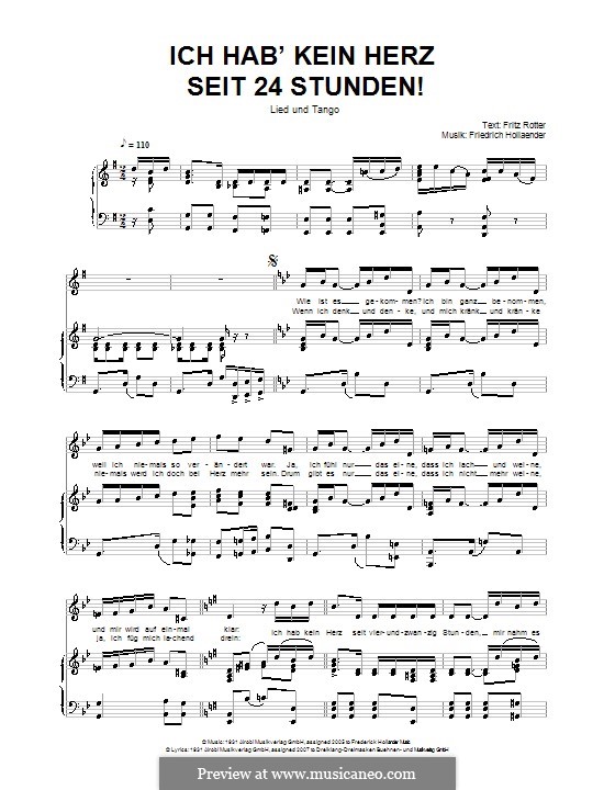 Ich hab' kein Herz seit 24 Stunden!: For voice and piano by Friedrich Holländer