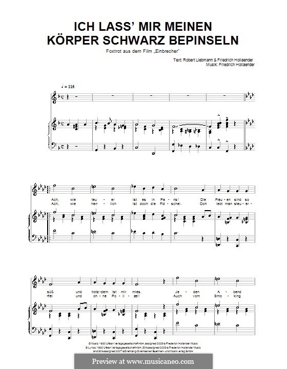 Ich lass mir meinen Körper schwarz Bepinseln: For voice and piano by Friedrich Holländer