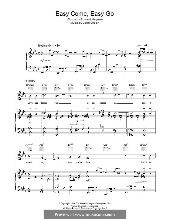 Easy Come, Easy Go: For voice and piano (or guitar) by John W. Green