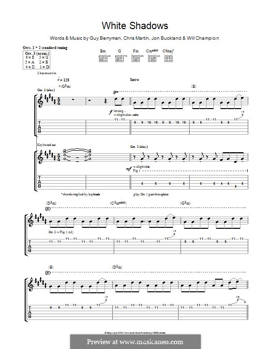 White Shadows (Coldplay): For guitar with tab by Chris Martin, Guy Berryman, Jonny Buckland, Will Champion