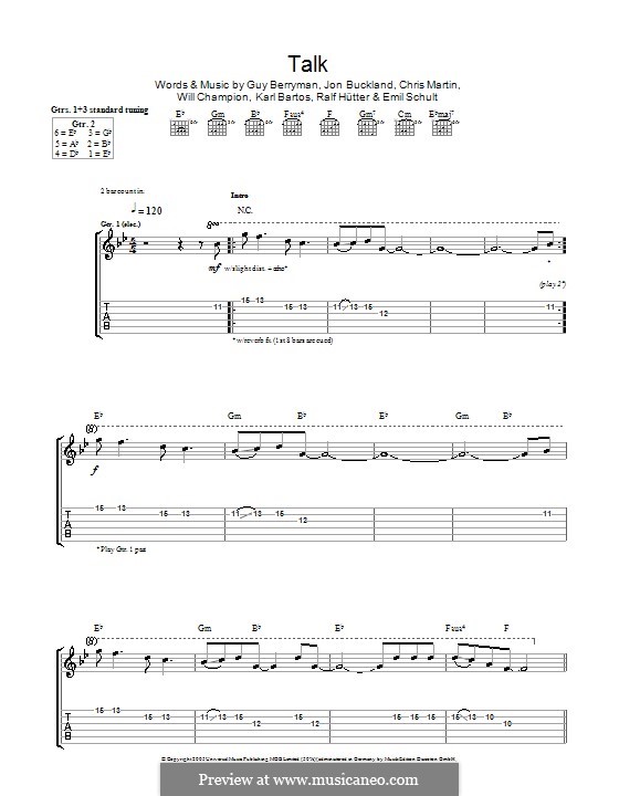 Talk (Coldplay): For guitar with tab by Chris Martin, Emil Schult, Guy Berryman, Jonny Buckland, Karl Bartos, Ralf Hütter, Will Champion