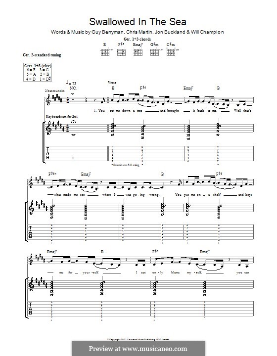 Swallowed in the Sea (Coldplay): For guitar with tab by Chris Martin, Guy Berryman, Jonny Buckland, Will Champion