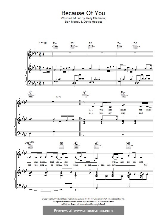 Because of You: For voice and piano (or guitar) by Ben Moody, David Hodges, Kelly Clarkson
