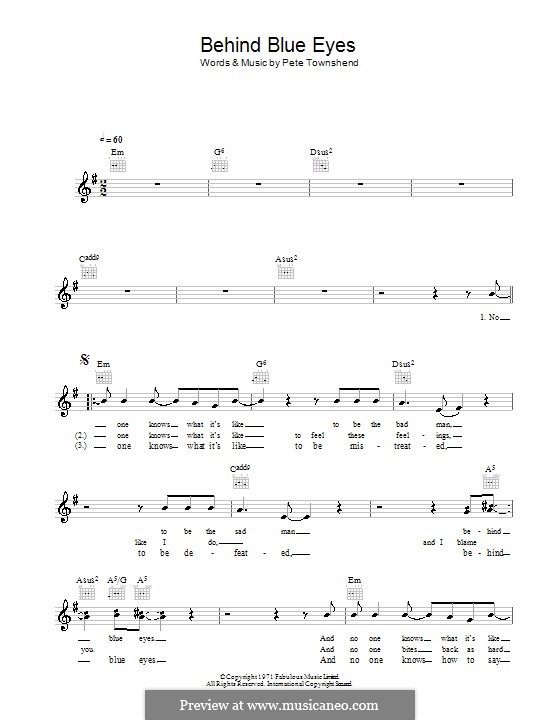 Behind Blue Eyes (Limp Bizkit): Melody line, lyrics and chords by Peter Townshend