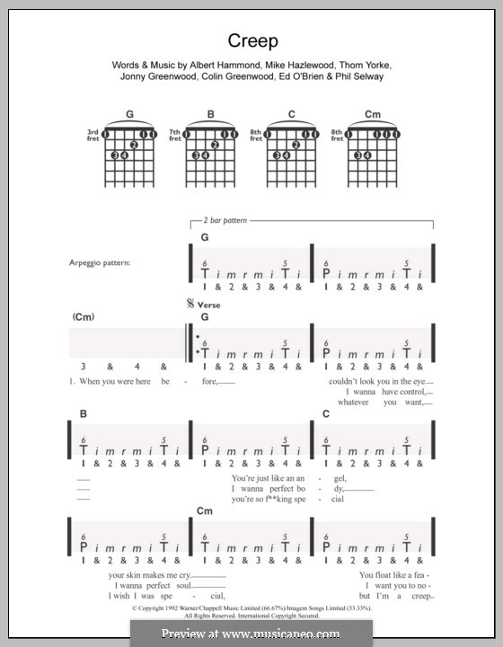 Creep (Radiohead): For guitar by Albert Hammond, Colin Greenwood, Ed O'Brien, Jonny Greenwood, Mike Hazelwood, Phil Selway, Thomas Yorke