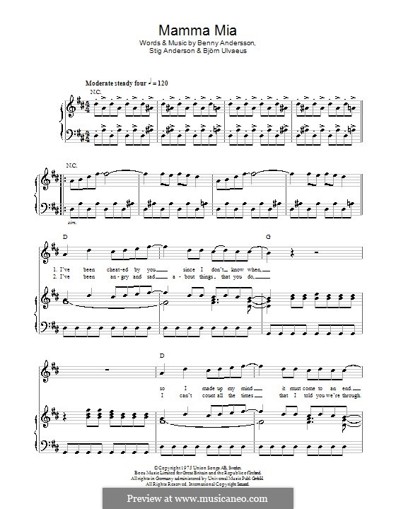 Mamma Mia (ABBA): For voice and piano (or guitar) by Benny Andersson, Björn Ulvaeus, Stig Anderson
