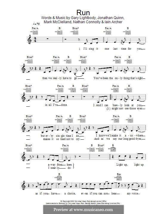 Run: Melody line, lyrics and chords (Snow Patrol) by Gary Lightbody, Iain Archer, Jonathan Quinn, Mark McClelland, Nathan Connolly