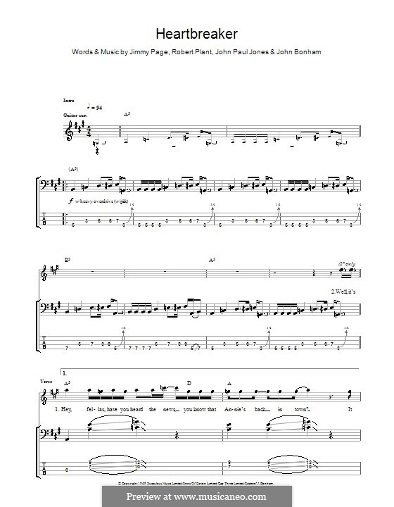 Heartbreaker (Led Zeppelin): For bass guitar with tab by John Paul Jones, Jimmy Page, John Bonham, Robert Plant