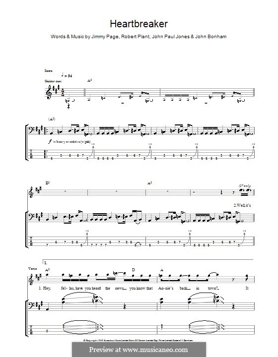 Heartbreaker (Led Zeppelin): For bass guitar with tab by John Paul Jones, Jimmy Page, John Bonham, Robert Plant