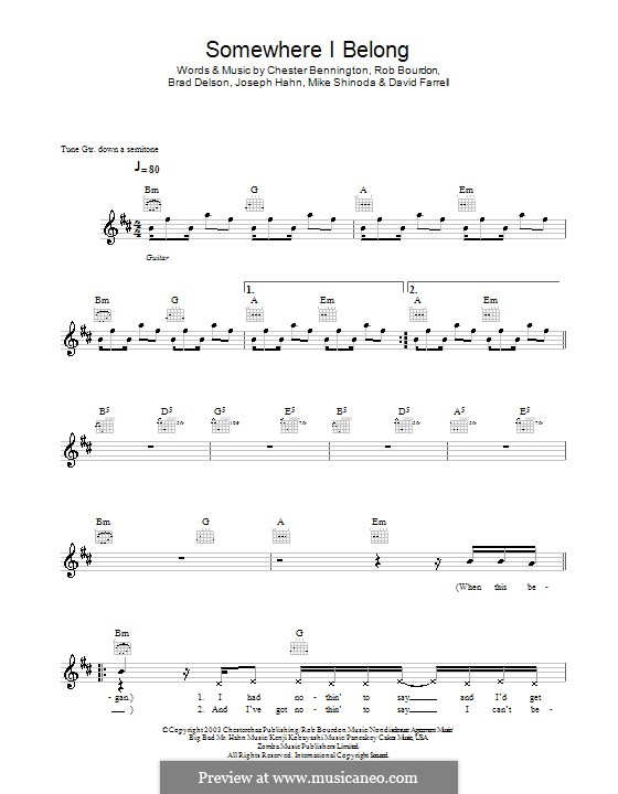 Somewhere I Belong (Linkin Park): Melody line, lyrics and chords by Brad Delson, Charles Bennington, David Farrell, Joseph Hahn, Mike Shinoda, Rob Bourdon