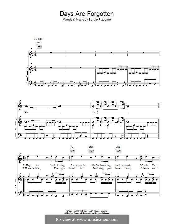 Days are forgotten kasabian by s pizzorno sheet music on musicaneo