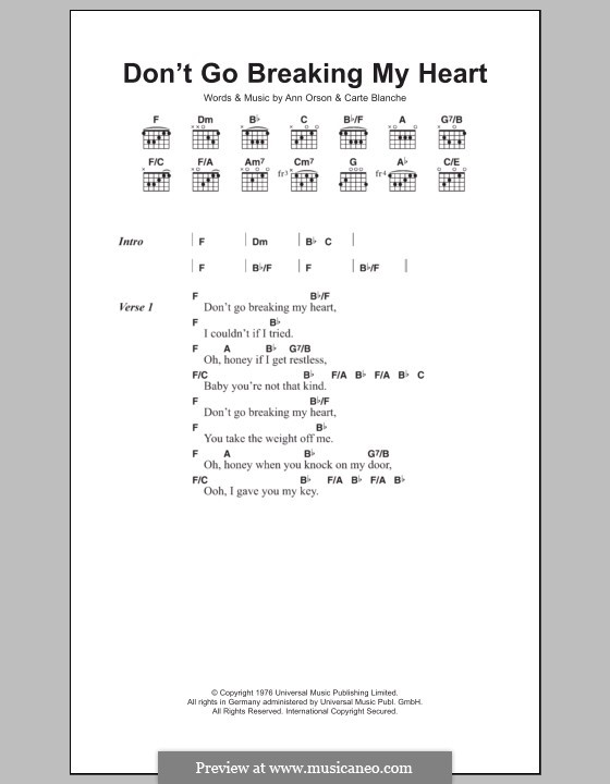 Don't Go Breaking My Heart (Elton John): Lyrics and chords by Ann Orson, Carte Blanche