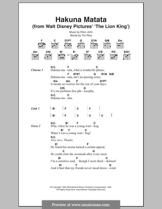 Hakuna Matata (from The Lion King): For voice and piano by Elton John