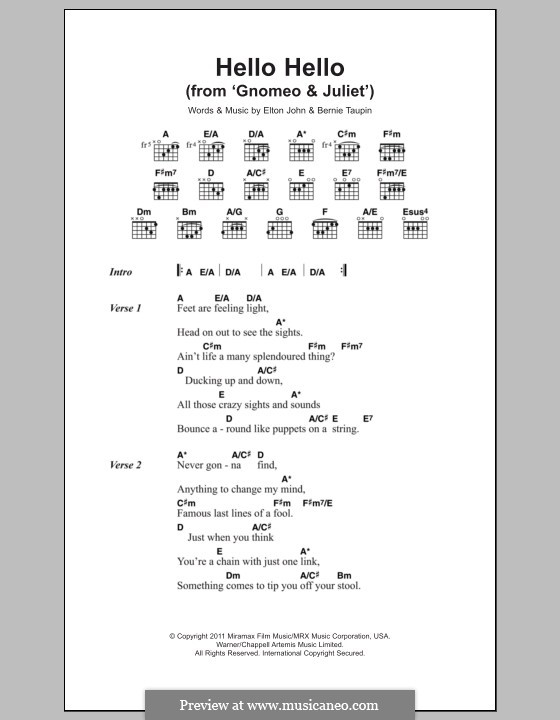 Hello Hello (from Gnomeo and Juliet): Lyrics and chords by Elton John