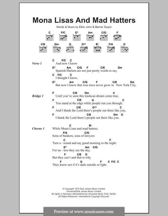 Mona Lisas and Mad Hatters: Lyrics and chords by Elton John