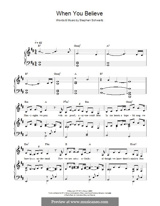 When You Believe (from The Prince of Egypt): For voice and piano or guitar (Mariah Carey) by Stephen Schwartz