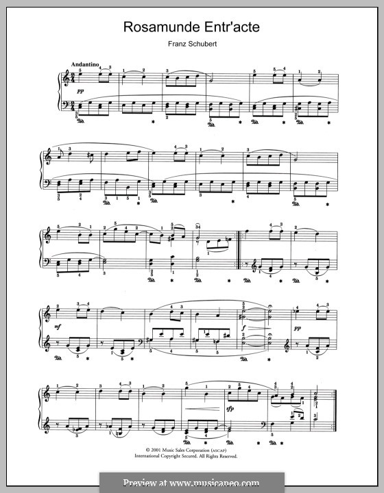 Quintet for Strings and Piano 'The Trout', D.667 Op.114: Movement IV (Theme). Version for piano (with fingering) by Franz Schubert