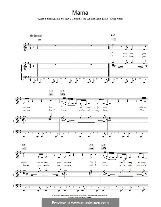 Mama (Genesis): For voice and piano (or guitar) by Tony Banks, Mike Rutherford, Phil Collins