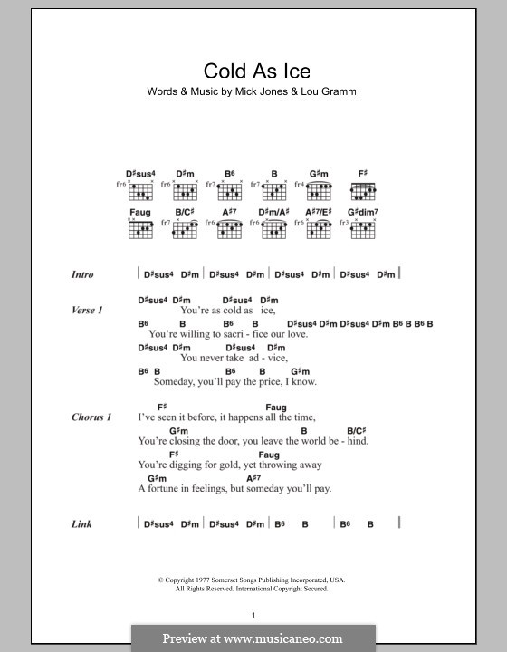 Cold as Ice (Foreigner): Lyrics and chords by Lou Gramm, Mick Jones