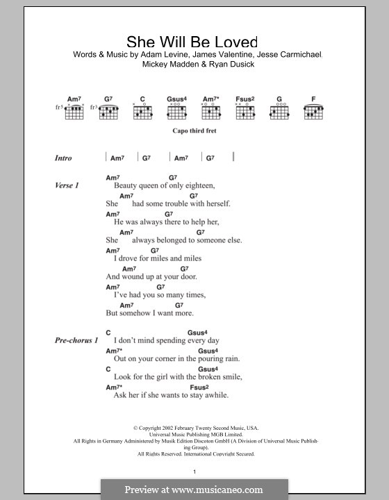 She Will Be Loved (Maroon 5): Lyrics and chords by Adam Levine, James Valentine