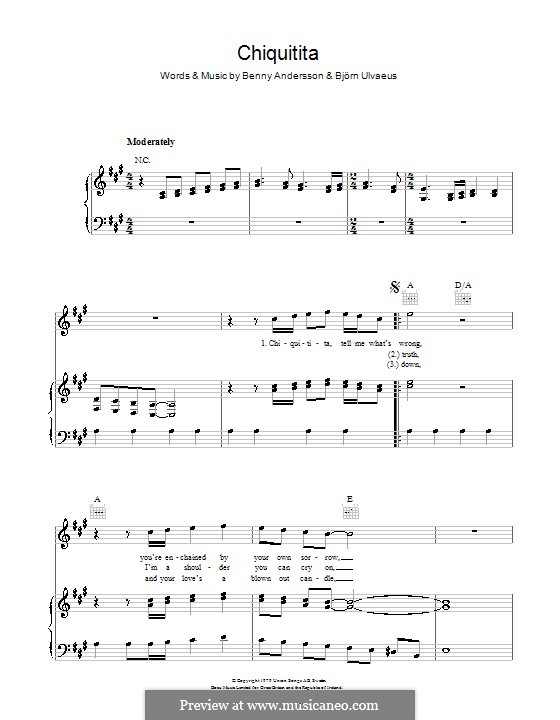 Chiquitita (ABBA): For voice and piano (or guitar) by Benny Andersson, Björn Ulvaeus