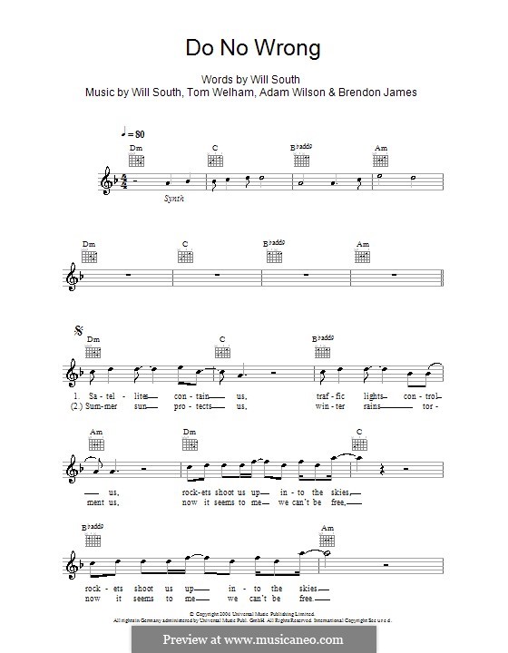 Do No Wrong (Thirteen Senses): Melody line, lyrics and chords by Adam Wilson, Brendon James, Tom Welham, Will South