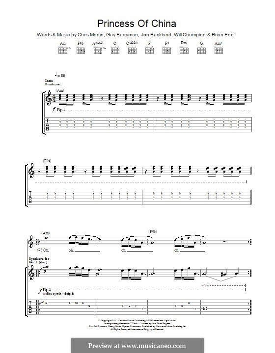 Princess of China (Coldplay): For guitar with tab by Brian Eno, Chris Martin, Guy Berryman, Jonny Buckland, Will Champion