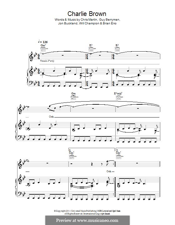 Charlie Brown (Coldplay): For voice and piano (or guitar) by Brian Eno, Chris Martin, Guy Berryman, Jonny Buckland, Will Champion