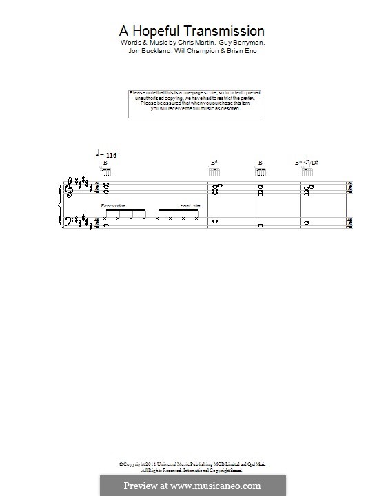 A Hopeful Transmission (Coldplay): For voice and piano or guitar by Brian Eno, Chris Martin, Guy Berryman, Jonny Buckland, Will Champion