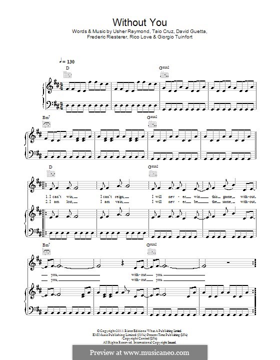 Without You (David Guetta feat. Usher): For voice and piano (or guitar) by David Guetta, Frédéric Riesterer, Giorgio Tuinfort, Rico Love, Taio Cruz