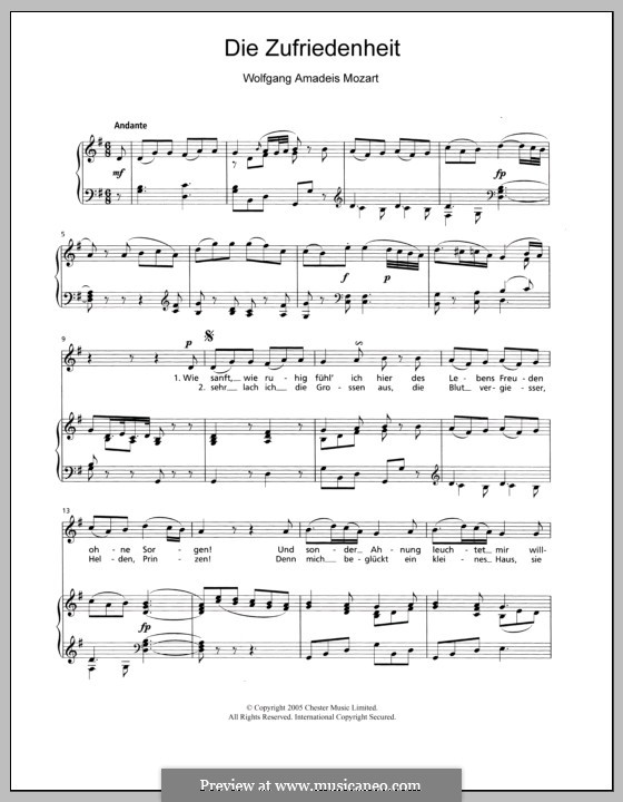 Die Zufriedenheit, K.473: For voice and piano by Wolfgang Amadeus Mozart