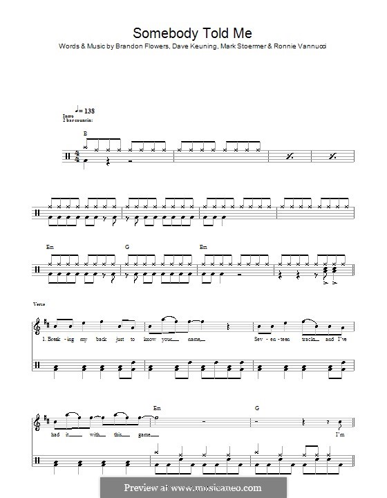 Somebody Told Me (The Killers): For drums by Brandon Flowers, Dave Keuning, Mark Stoermer, Ronnie Vannucci