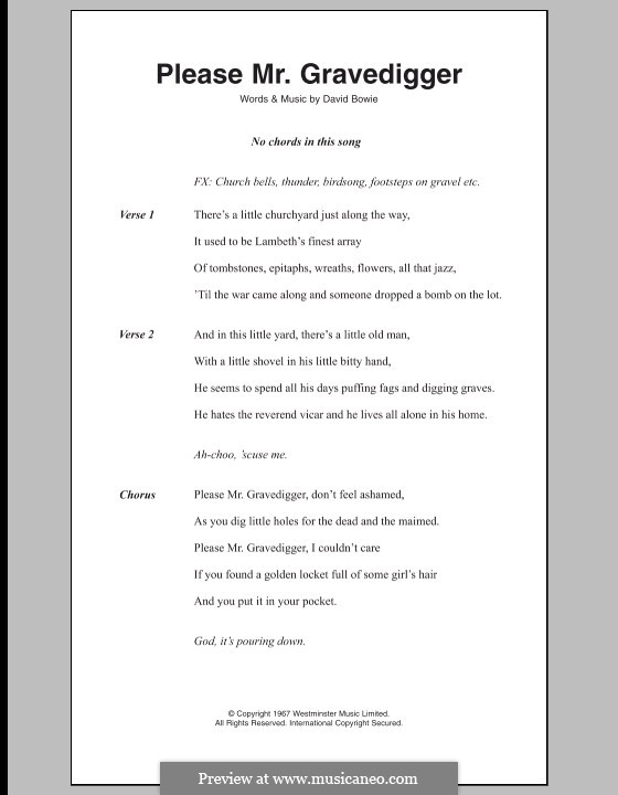 Please Mr. Gravedigger: Lyrics and chords by David Bowie