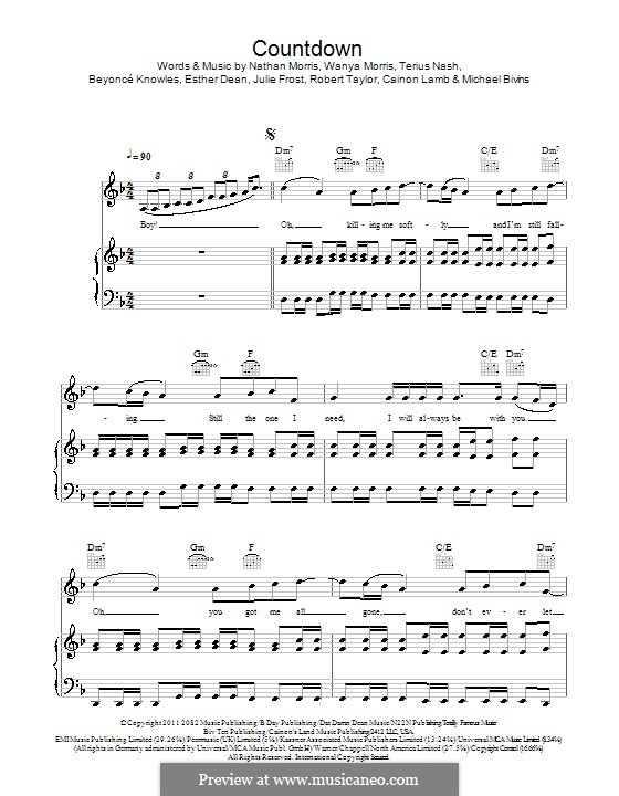 Countdown (Beyonce): For voice and piano (or guitar) by Cainon Lamb, Esther Dean, Julie Frost, Michael Bivins, Nathan Morris, Robert Shea Taylor, Shavo Odadjian, Terius Nash, Wanya Morris